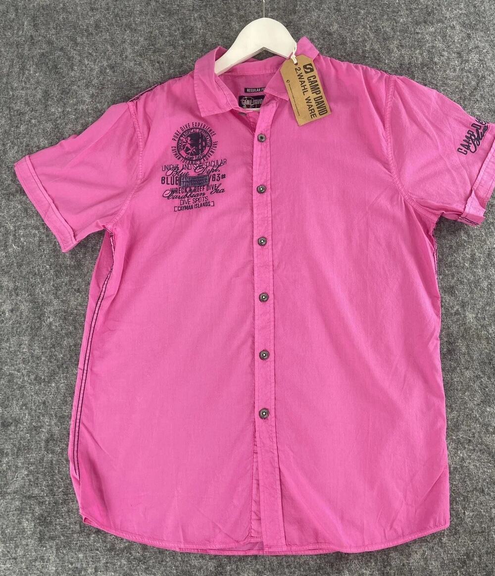 Camp David Shirt Mens Extra Large Pink Button Up Embroidered Short Sleeve N270